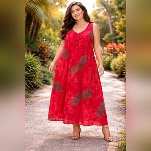 Sunny Island Red Hawaiian Maxi Dress Plus Size Sleeveless Button Front Tropical